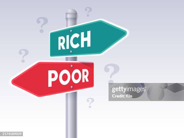 ilustrações de stock, clip art, desenhos animados e ícones de rich and poor crossroads choice decisions direction arrow sign - sinalização em cruzamentos