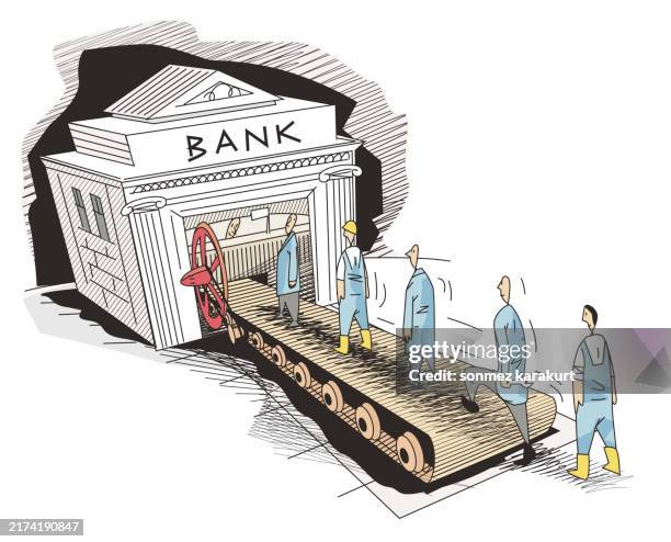 workers queue up to receive salaries and loans from the bank - workers comp stock illustrations