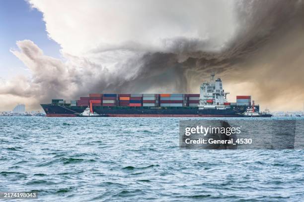 container chip in stormy sea. - cargo ship rough sea stock pictures, royalty-free photos & images