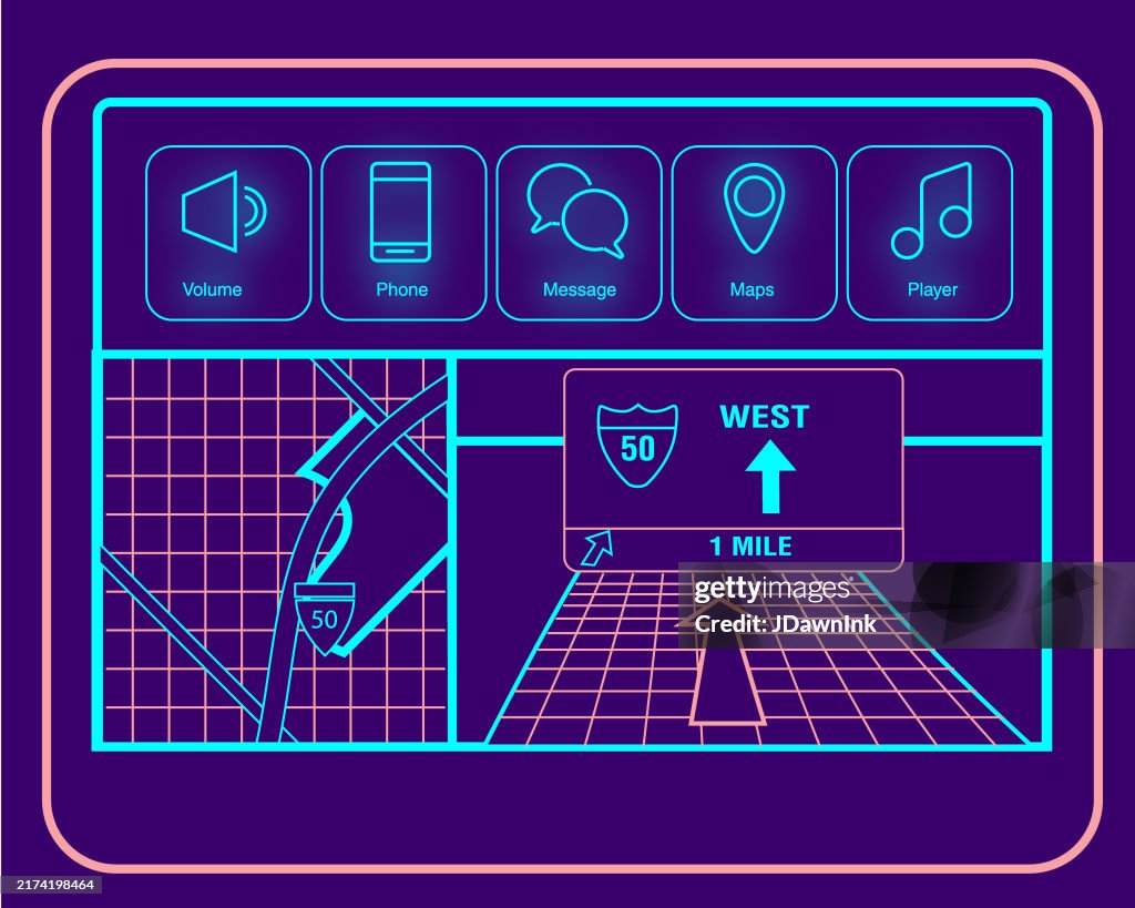 Modern Car interior retro synth wave style device screen with Navigation or GPS system on white
