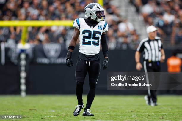 Safety Xavier Woods of the Carolina Panthers gets set during the second quarter of an NFL football game against the Las Vegas Raiders, at Allegiant...