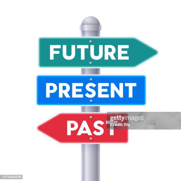 future present past crossroads choice decisions direction arrow sign - past present future stock illustrations