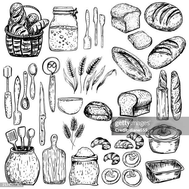 set of bread baking items line art on a transparent background - sourdough bread slice stock illustrations