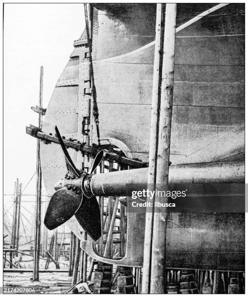 antique image: battleship construction industry, propeller - ship construction stock illustrations