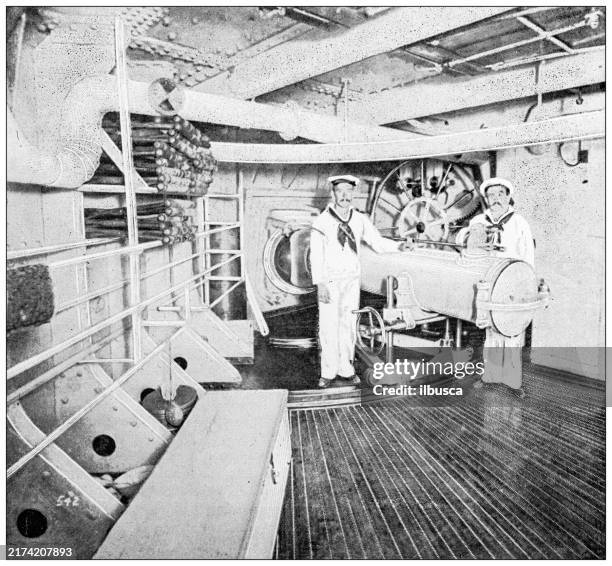 antique image: battleship construction industry, torpedo tube - ship cannon fire stock illustrations