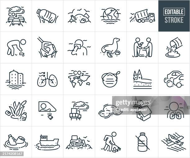 pollution thin line icons - editable stroke - oil spill stock illustrations