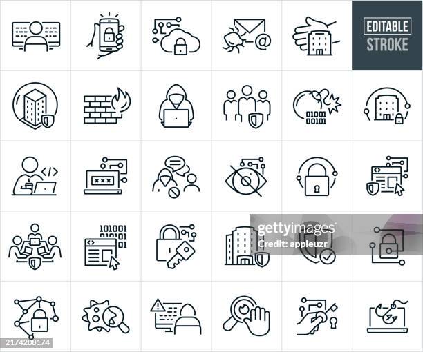 ilustraciones, imágenes clip art, dibujos animados e iconos de stock de iconos de líneas finas de seguridad informática - trazo editable - cerradura