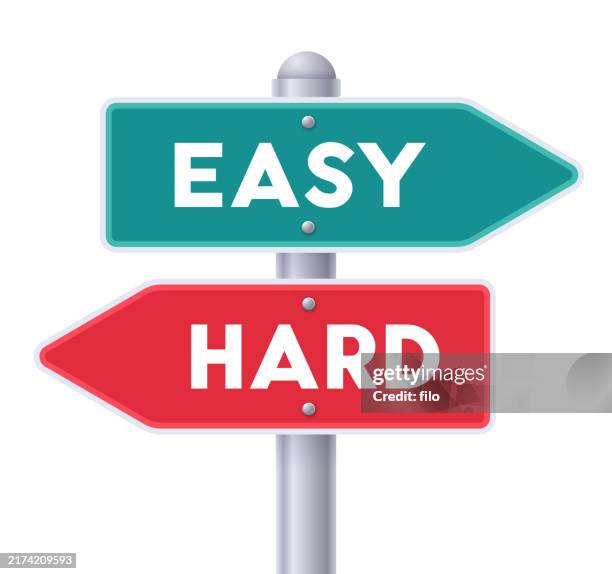 easy and hard crossroads choice decisions direction arrow sign - piece of cake white background stock illustrations