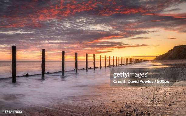 scenic view of beach against sky during sunset - nature stock pictures, royalty-free photos & images