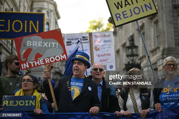 Political activist Steve Bray joins protesters holding up banners during a National Rejoin March, outside the gates of Downing Street in central...