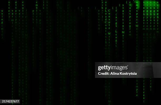 green lines of code on black background create effect of digital rain, matrix code. - programmazione televisiva foto e immagini stock