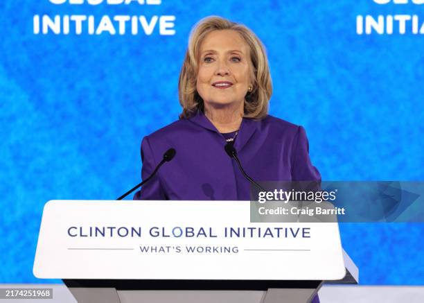 Former US Secretary of State Hillary Clinton speaks onstage during Day 1 of the Clinton Global Initiative 2024 Annual Meeting at New York Hilton...