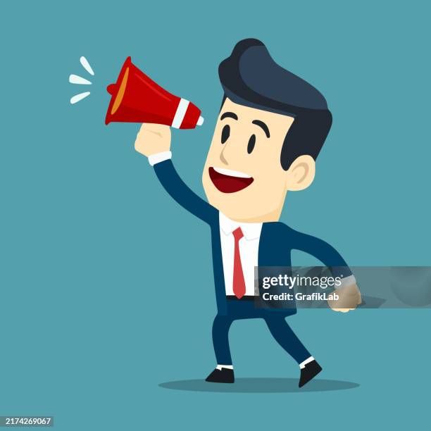 ilustraciones, imágenes clip art, dibujos animados e iconos de stock de hombre de negocios de dibujos animados anunciando con megáfono sobre fondo azul - person screaming cartoon