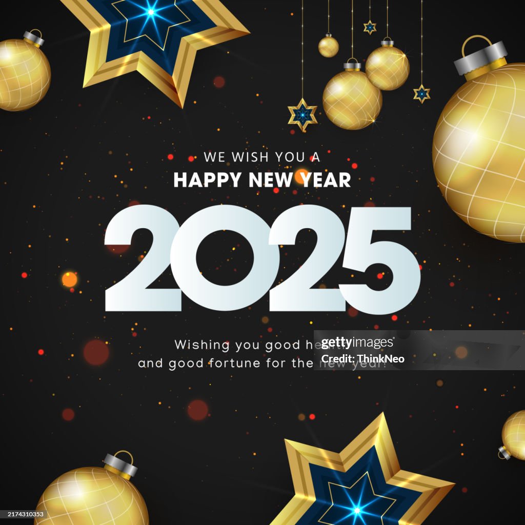 Happy New Year 2025 Greeting Card Banner Design In Gold And Glitter Happy New Year 2025 Greeting Card Banner Design In Gold And Glitter