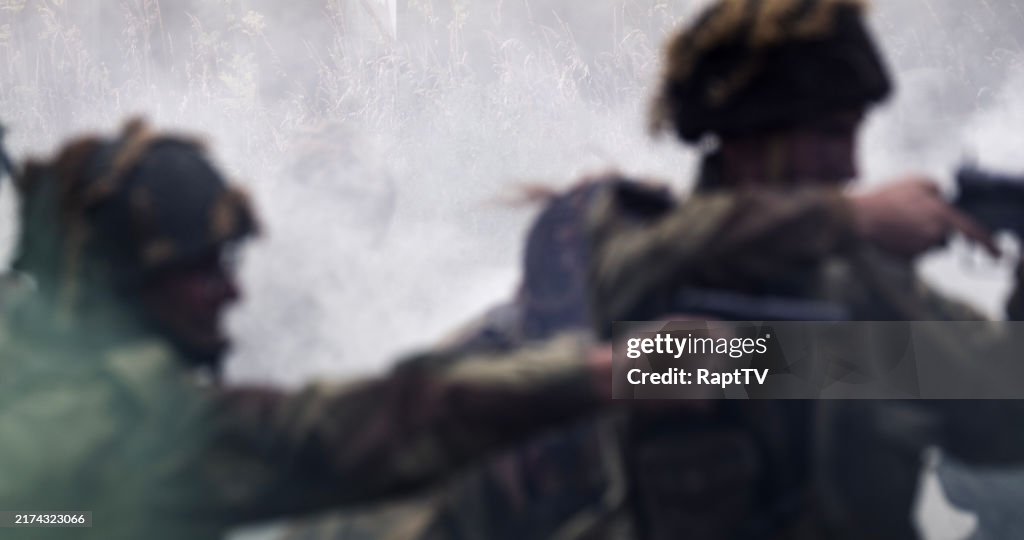 British Paratrooper re-enactors from WW2 in battle scene.