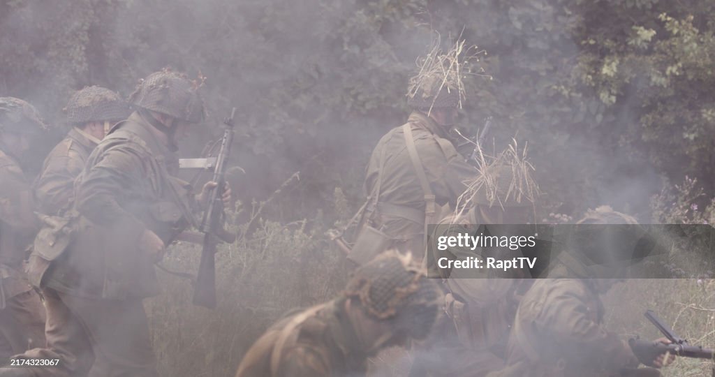 WW2 British re-enactor Paratrooper soldiers in battle scene