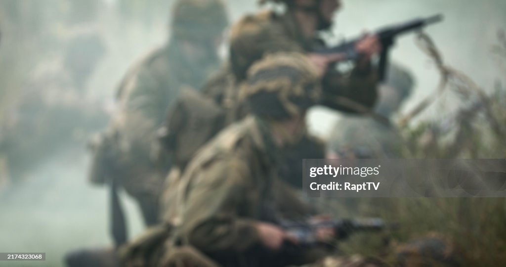 British Paratrooper re-enactors from WW2 in battle scene