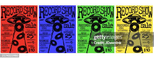 ilustraciones, imágenes clip art, dibujos animados e iconos de stock de póster del volante del espectáculo de discos retro en el diseño publicitario dibujado a mano del estilo de fotocopia del estilo punk zine con ovni y rayo con registros en papel de colores - póster