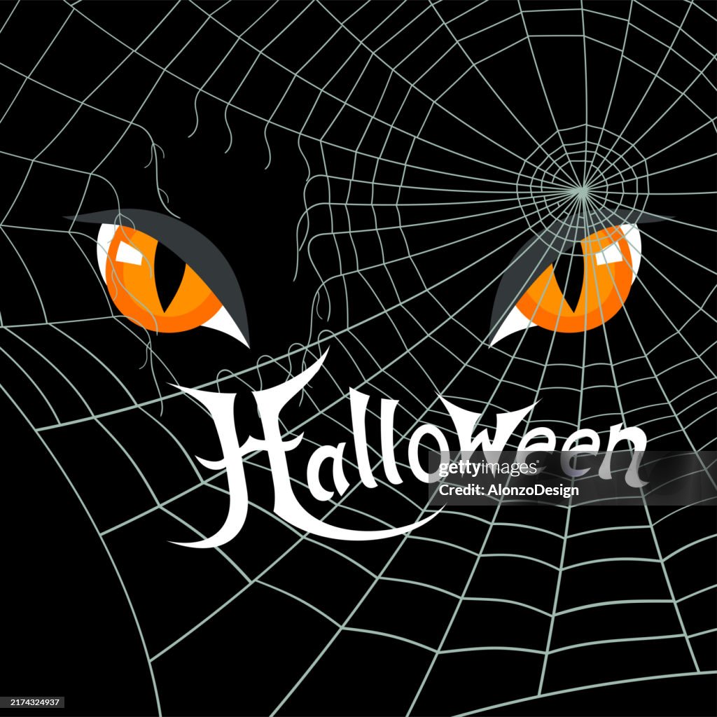 Halloween with Glowing Animal Eyes and spider web in the Dark.