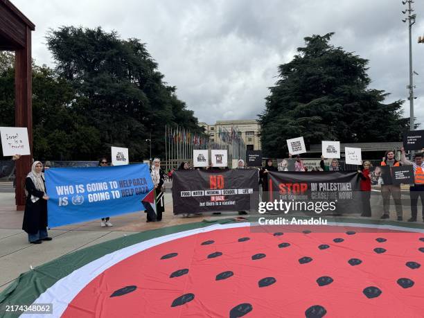Members of the Human Movie Team and the Swiss Muslim Society organize a demonstration in front of the UN Office, in the square where the sculpture of...