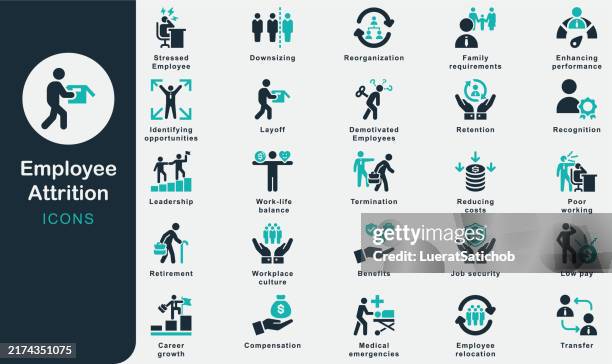 employee attrition solid icons collection. containing layoff, downsizing, transfer, reorganization, termination, retirement, low pay, poor working, retention, leadership, work-life balance, benefits - retention stock illustrations