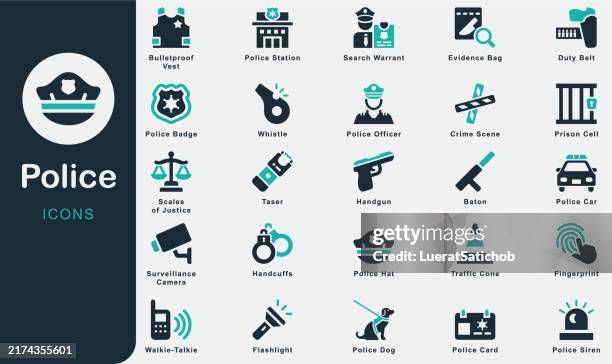 stockillustraties, clipart, cartoons en iconen met police solid icons collection. containing police station, police officer, law, handcuffs, handgun, politic, police car, prison cell, police badge, crime scene, siren, traffic, fingerprint, security - handboeien