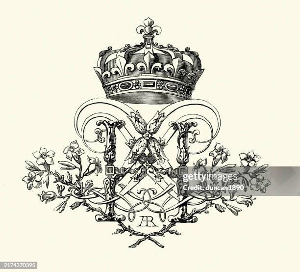 crown with fleur de lys, floral pattern design element, royal, vintage illustration - french royalty stock illustrations