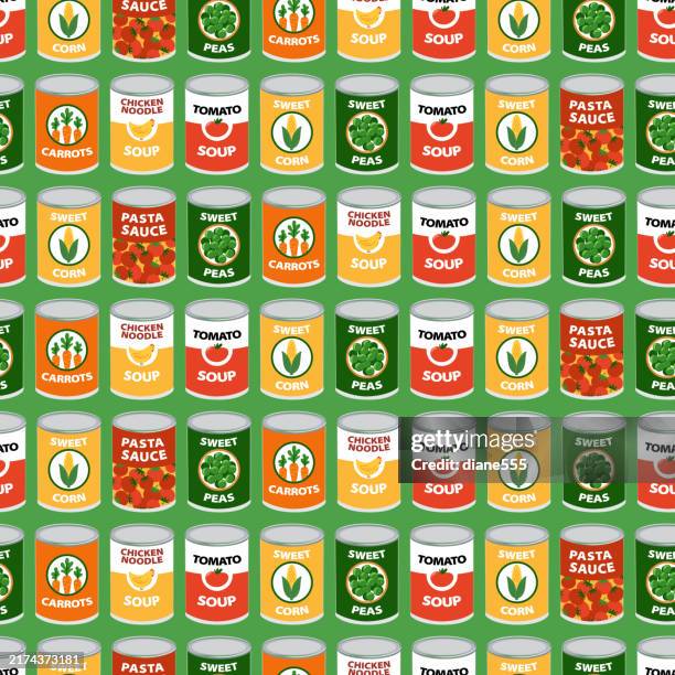 canned foods seamless pattern - green pea soup stock illustrations