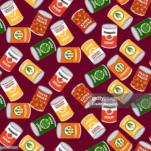 canned foods seamless pattern - green pea soup stock illustrations