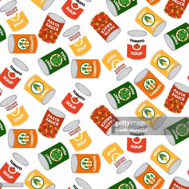 canned foods seamless pattern - green pea soup stock illustrations
