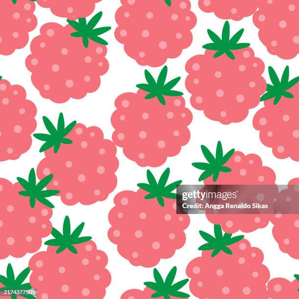 stockillustraties, clipart, cartoons en iconen met cute raspberry drawing flat color seamless pattern - framboos