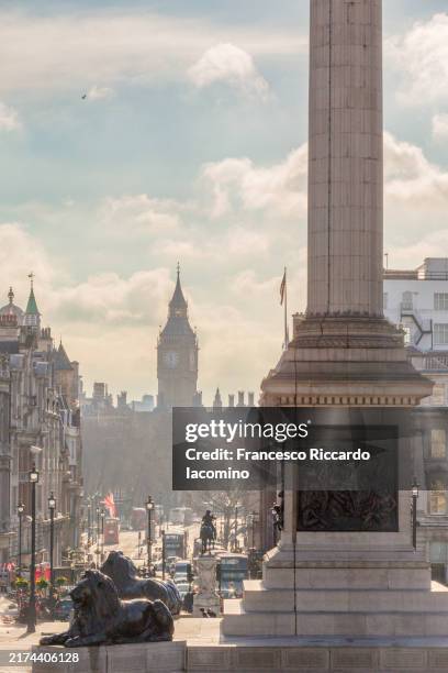 big ben from trafalgar square, london - trafalgar square stockfoto's en -beelden