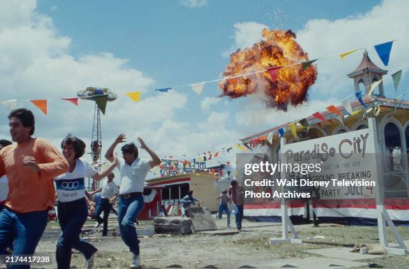 Explosion Run Stunt with crowd running from fiery explosion, appearing in the ABC ...