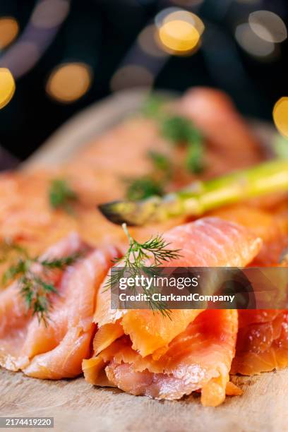 smoked salmon with dill and asparagus - smoked salmon stock pictures, royalty-free photos & images