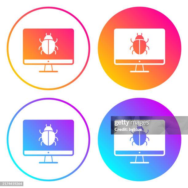 desktop computer with bug. round icons with color gradients - technical difficulties tv screen stock illustrations