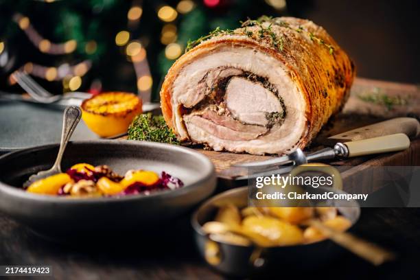 porchetta for christmas dinner. - produto de carne imagens e fotografias de stock