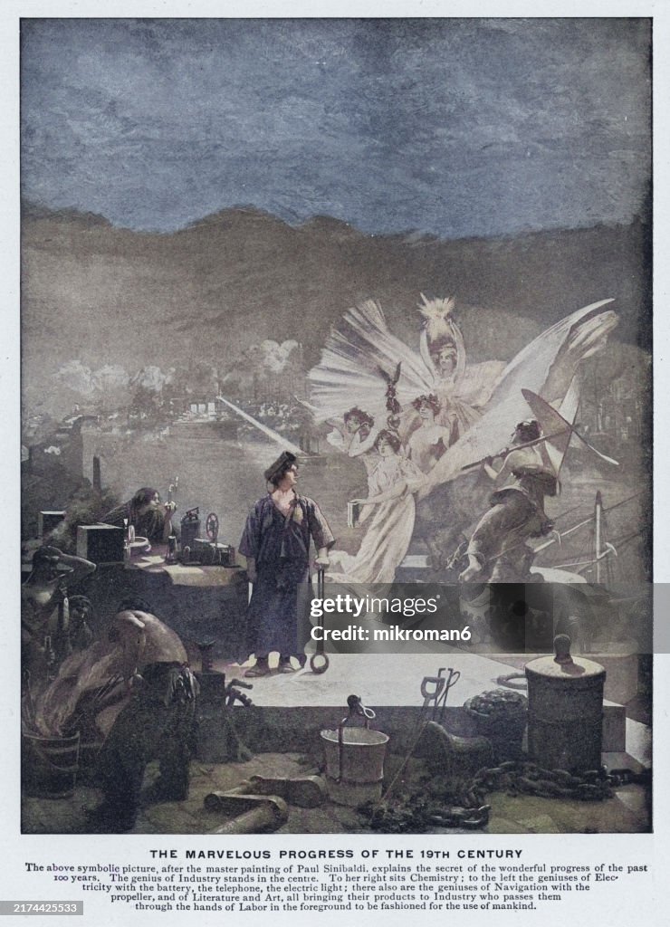 Old engraved illustration of the marvelous progress of the 19th Century - the above symbolic picture explains the secret of the wonderful progress of the past 100 years