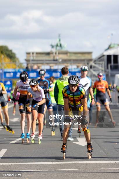 Participants compete in the Berlin Inline Skating Marathon in Berlin, Germany, on September 28, 2024. The event, held on the eve of the 50th Berlin...