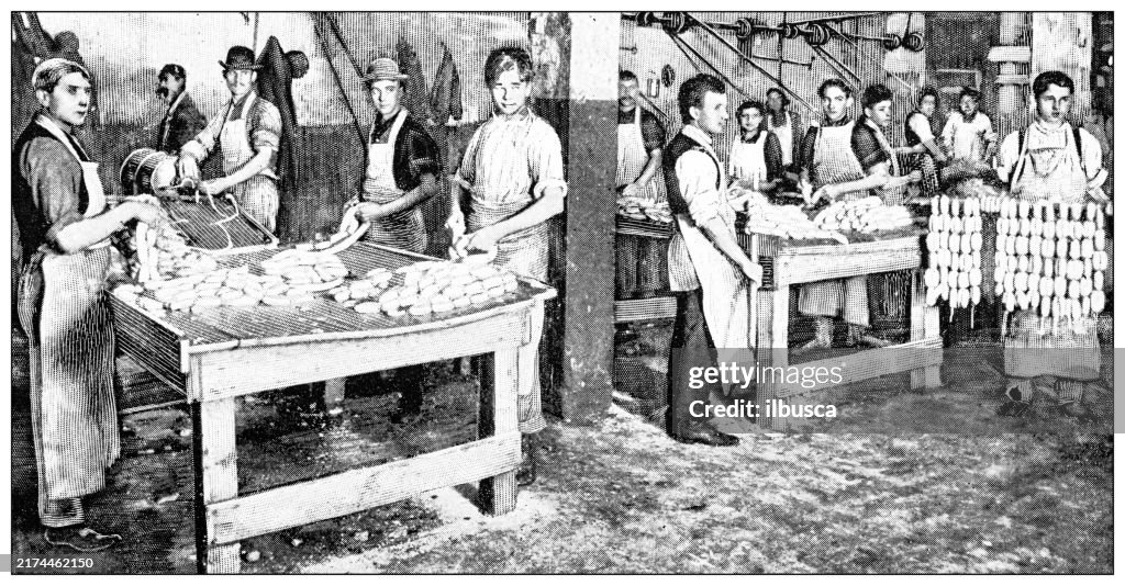 Antique image: Food industry, meat slaughterhouse, filling sausages
