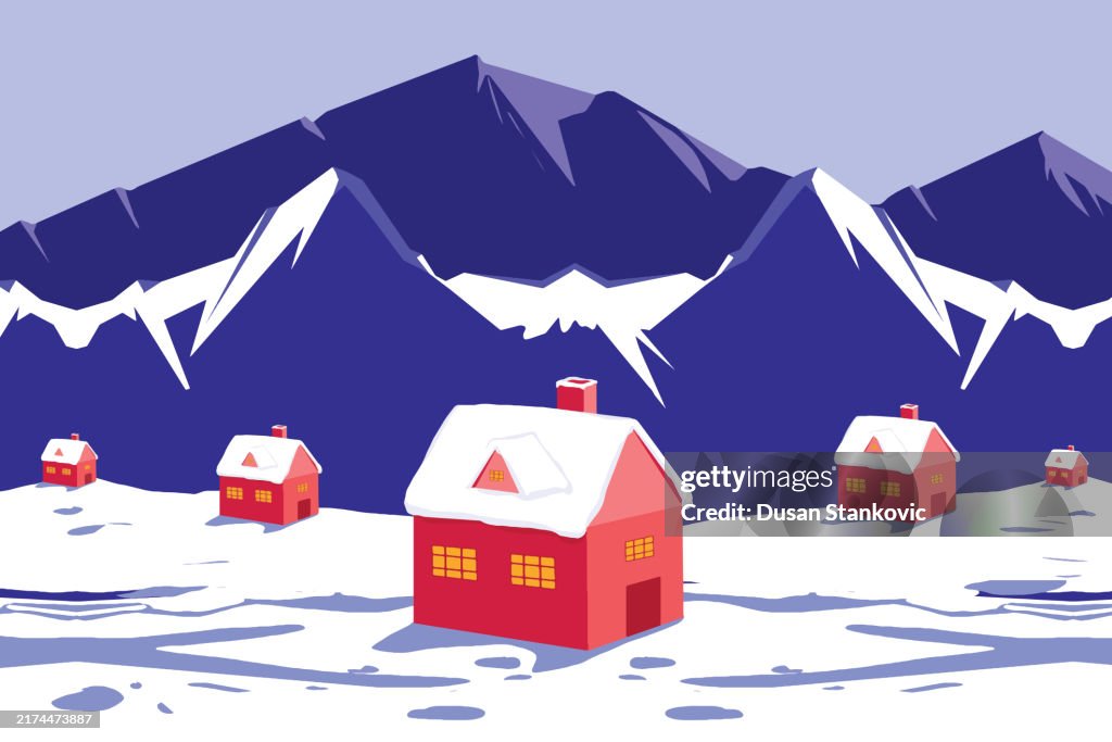 Snow-capped mountain and a lone village