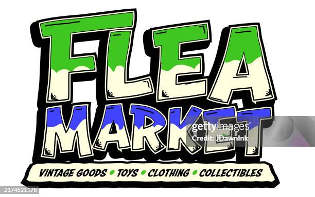 retro flea market event web text design on white background - yard sale stock illustrations