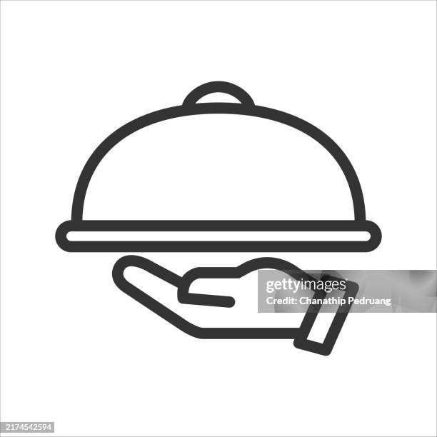 service foods icon on white background. editable stroke. pixel perfect. for mobile and web. outline vector graphics. stock illustration serving food and drinks, chef - tray stock illustrations