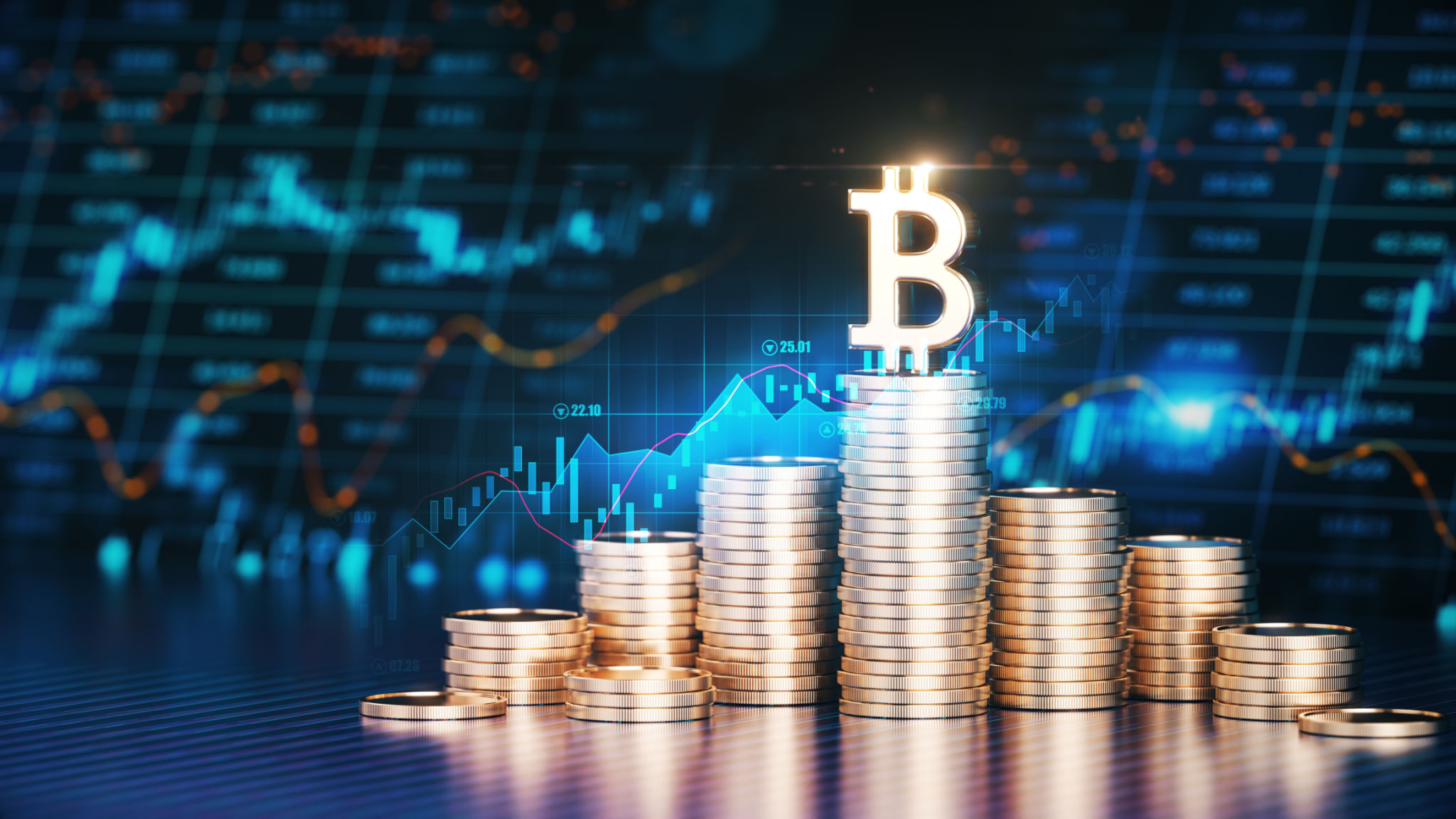 The Bitcoin Symbol on Top of Stacks of Coins in Front Of a Financial Chart in the Background The Bitcoin Symbol on Top of Stacks of Coins in Front Of a Financial Chart in the Background