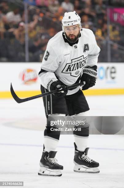 Drew Doughty of the Los Angeles Kings skates during the first period against the Vegas Golden Knights at T-Mobile Arena on September 25, 2024 in Las...