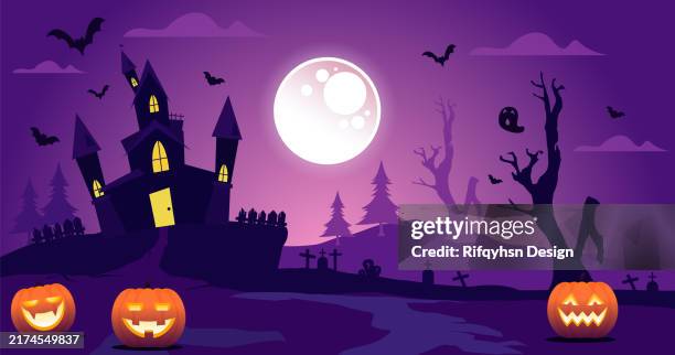 ilustraciones, imágenes clip art, dibujos animados e iconos de stock de feliz halloween pancarta ancha o invitación a la fiesta naranja púrpura fondo azul con cielo de nubes de niebla violeta, murciélagos, gatos, casa del castillo, lápida y calabazas aterradoras. venta de halloween. feliz halloween pancarta ancha o invitac - halloween