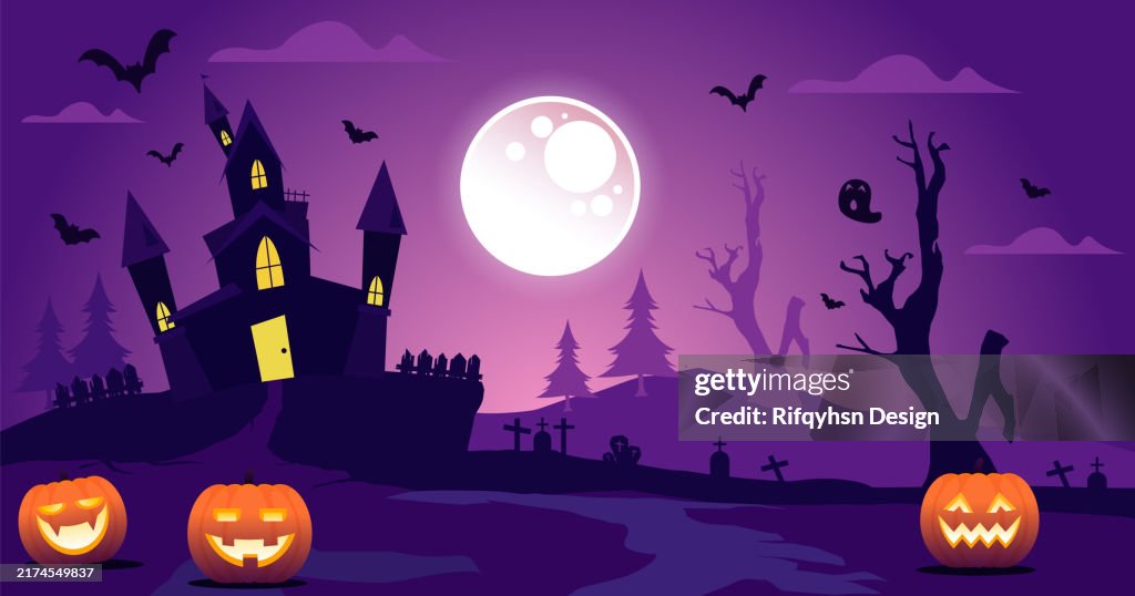 Happy halloween wide banner or party invitation orange purple blue background with violet fog clouds sky, bats, cats, castle house, tombstone and scary pumpkins. Halloween sale. Happy halloween wide banner or party invitation orange purple blue background
