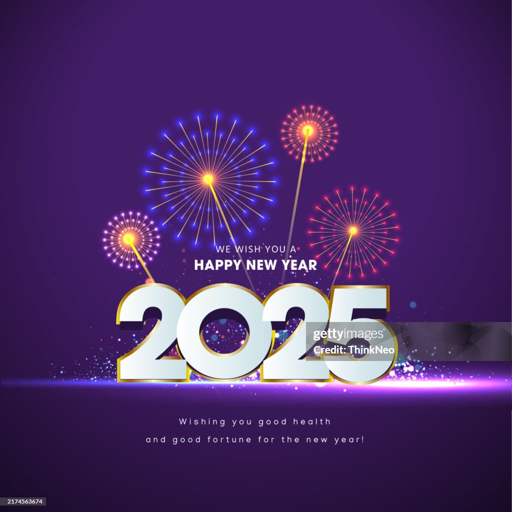 Bonne Année 2025 Texte Vacances Graphique Avec Fond De Feux D’artifice D’or