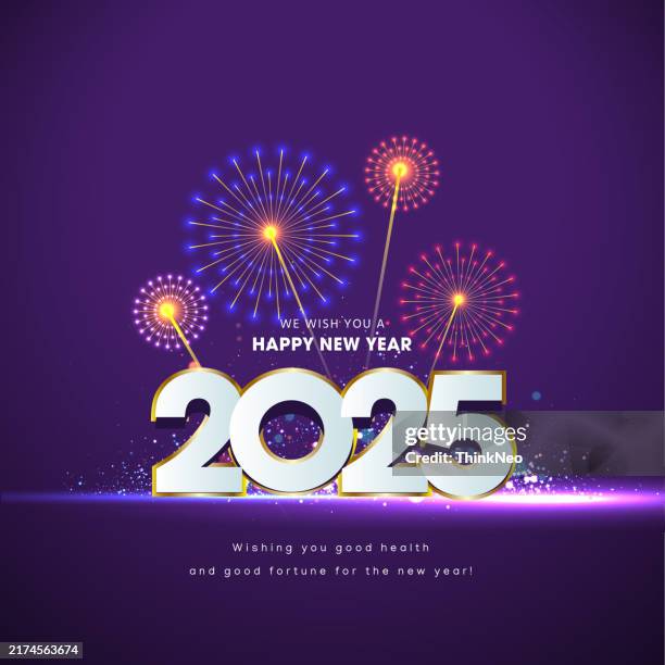 illustrazioni stock, clip art, cartoni animati e icone di tendenza di felice anno nuovo 2025 testo vacanza grafica con sfondo oro fuochi d'artificio - purple fireworks