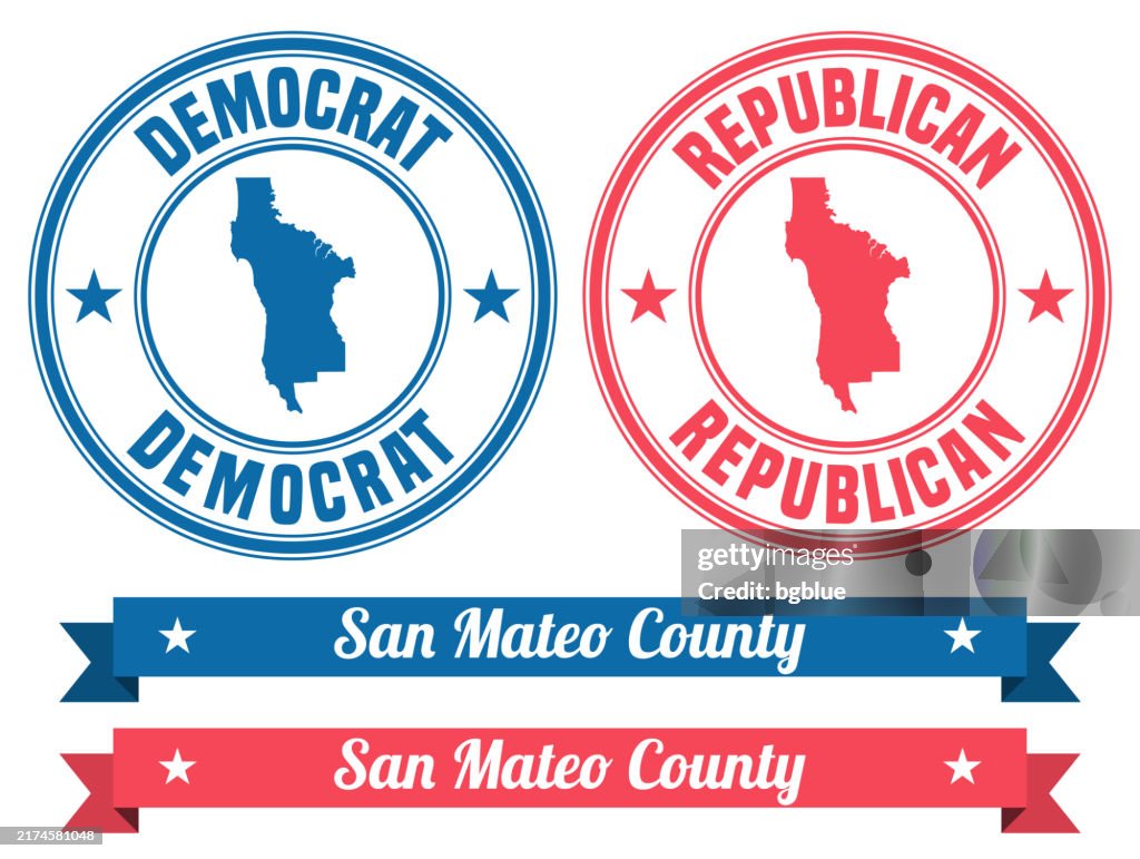 San Mateo County, California. Map on rubber stamp with banner