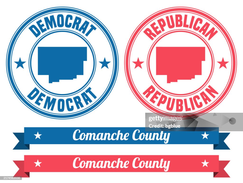 Condado de Comanche, Oklahoma. Mapa en sello de goma con banner